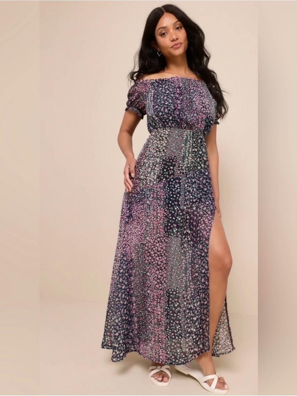 Neva Navy Blue Floral Off-Shoulder Maxi Dress Size Medium